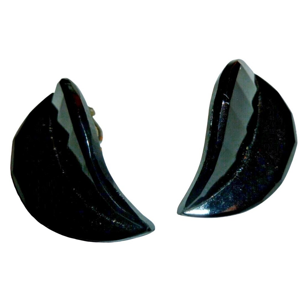 Vintage Western Germany Black Faceted Clip On Earrings Mid Century‎ Modern Retro